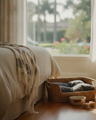 Bedroom with bed, wicker basket, and window overlooking garden with pink flowers