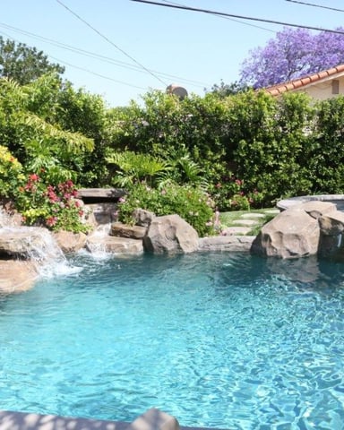 Backyard swimming pool with turquoise water, rock features, flowering trees, and house with pergola