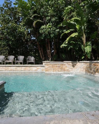 Swimming pool with turquoise water, stone deck, and lounge chairs surrounded by tall tropical trees