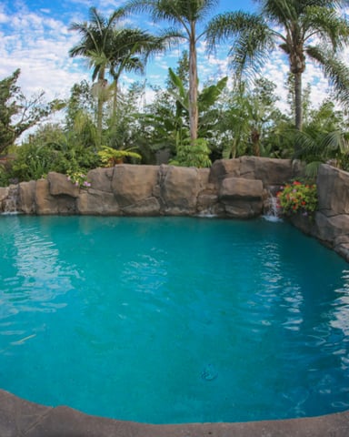 Turquoise lagoon-style pool with rock waterfall surrounded by palm trees and tropical landscaping