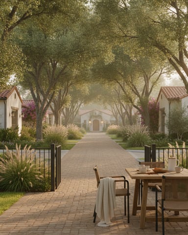 Patio dining table with tree-lined courtyard and white Mediterranean-style buildings beyond
