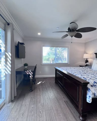 Bright bedroom with dark wood bed, desk, ceiling fan, and glass doors opening to pool and palm trees